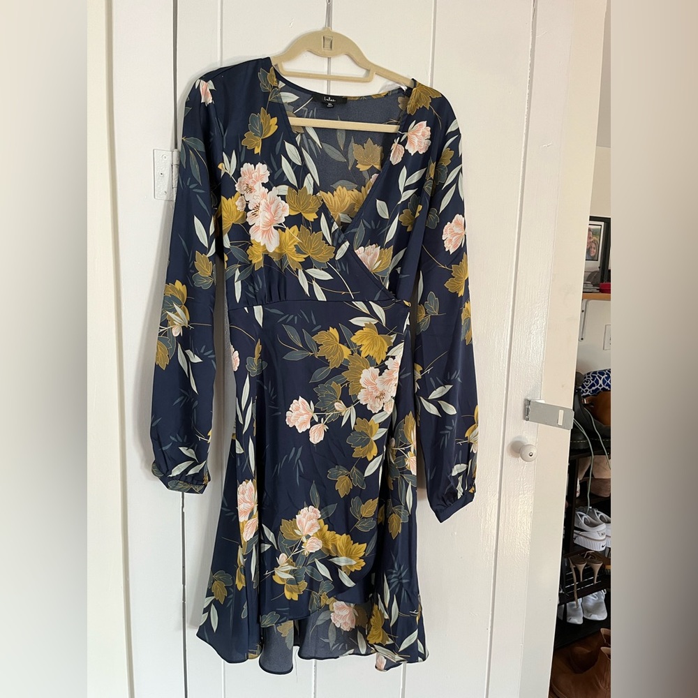 Love is Life Navy Blue Floral Print Satin Wrap Dress